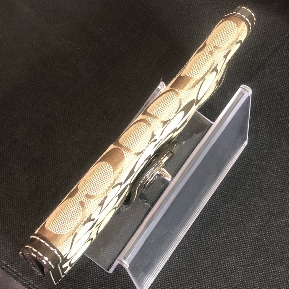 COACH Brown Monogram Silver Twist Lock Bifold Wallet with Contrasting Stitch - Picture 7 of 17